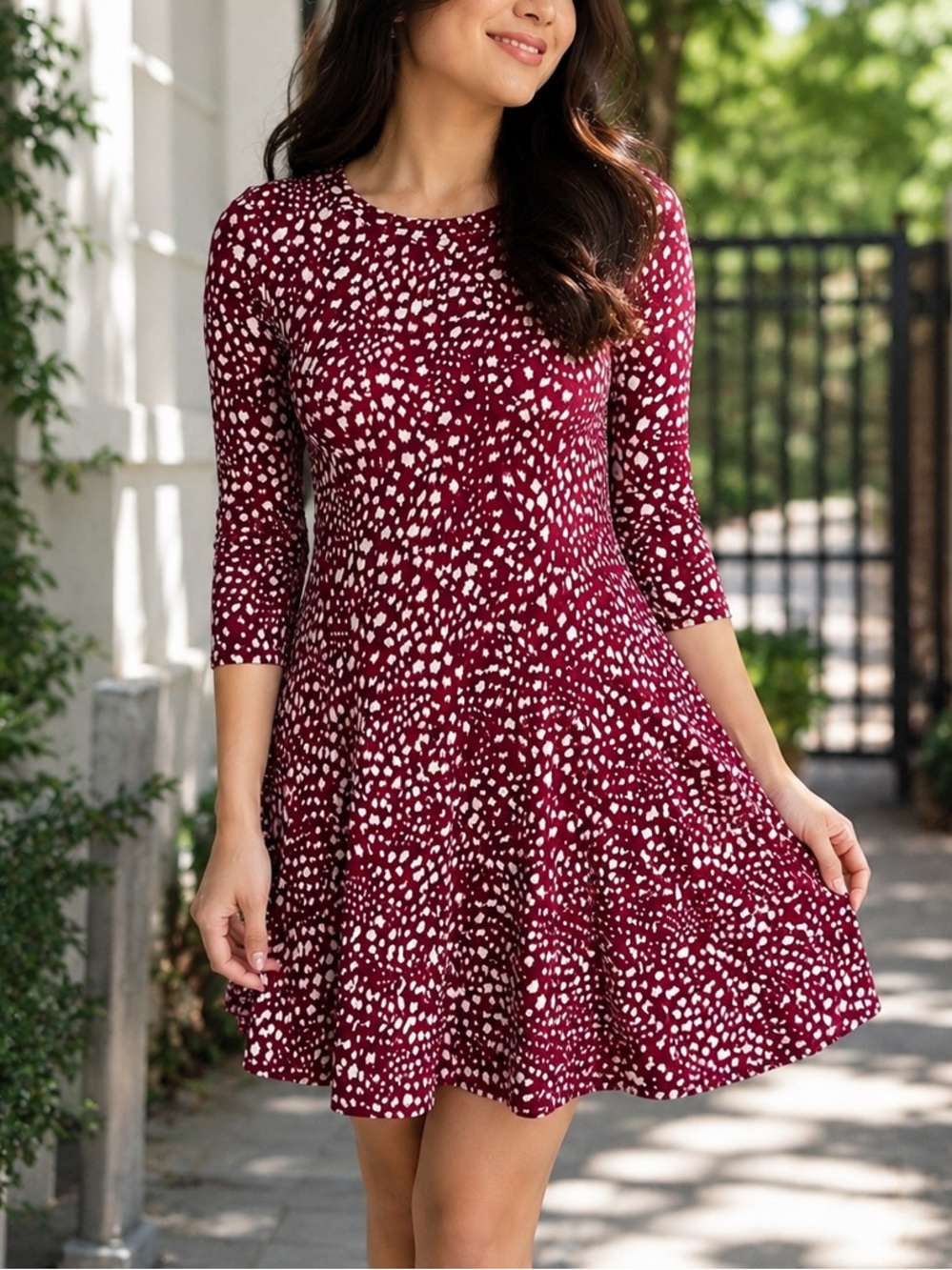 Jon & Anna Burgundy and White Printed Fit-and-Flare Mini Dress